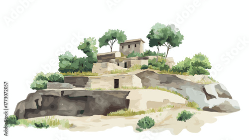 Chan Chan Archaeological Site. Chan Chan Archaeological Site hand drawn watercolor illustration