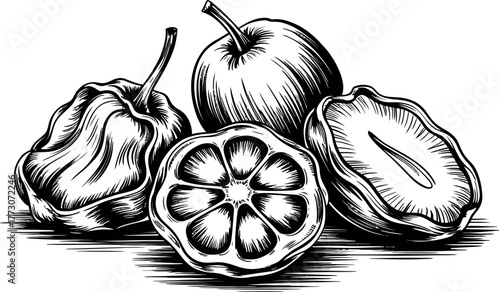 A black and white illustration of whole and sliced lotus fruits in detail