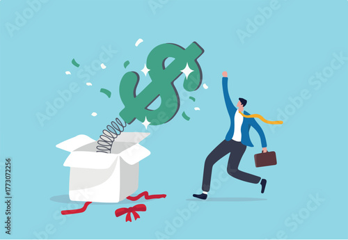 Surprise money or reward, bonus or salary raise, investment profit, dividend or high return stock, lucky giveaway or winning prize concept, happy businessman jumping high opening surprise money box.