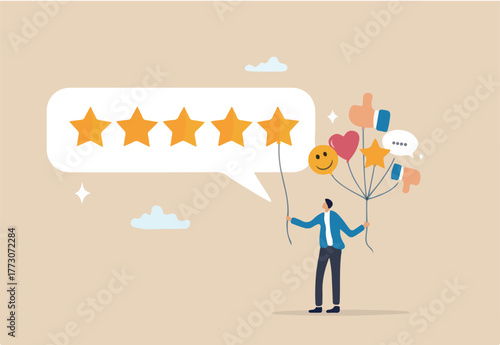 5 Stars review, customer feedback evaluation, best quality or satisfaction, opinion, best rating reputation or online positive review concept, customer giving 5 stars rating or customer experience.