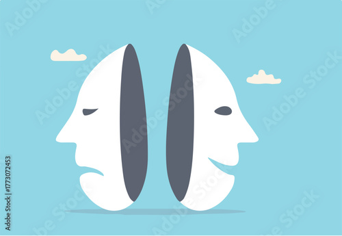 Bipolar disorder, multi personality or emotional intelligence, change feeling or mood, anxiety disease or depression concept, disguise mask face with one happy smiling and other sad and sorrowful.