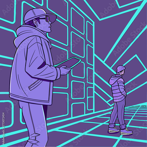 AI-generated modern vector illustration of two people exploring a virtual cyber world. Concept of technology, innovation, metaverse, and digital space design. Perfect for creative, sci-fi, 