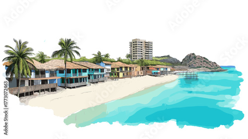 Salinas beach resort. Salinas beach resort hand drawn watercolor illustration