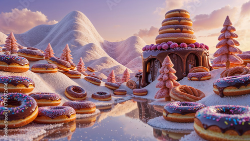 AI-generated image of a 3D Animation style of a landscape made of mouthwatering doughnut dreamscape