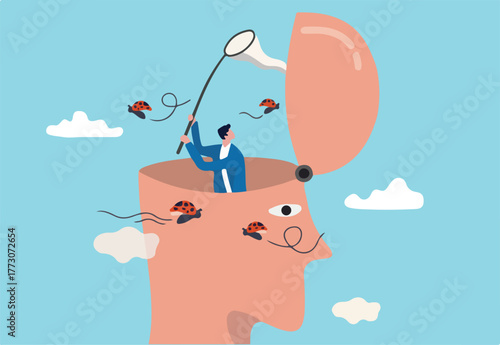 Distraction, social media or environment that disturb and cannot focus on work, unproductive lifestyle concept, human head with himself losing focus and distracted by bugs flying around.