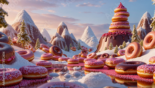 AI-generated image of a 3D Animation style of a landscape made of mouthwatering doughnut dreamscape