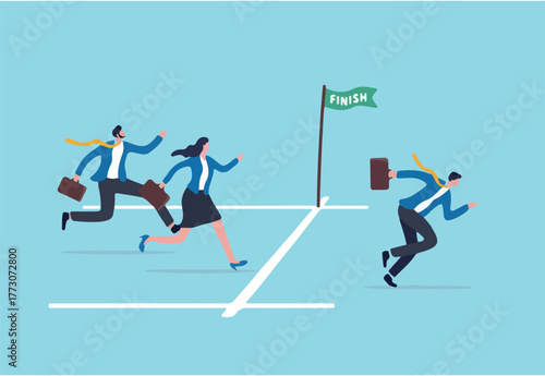 Go extra miles or extra step ahead the goal, push more effort to ensure succeed, exceed or beyond expectation, dedication concept, businessman running extra mile from finish line to ensure success.