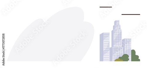 Tall skyscrapers juxtaposed with small, scattered trees, minimal cloud shape background. Ideal for urbanization, architecture, sustainability, real estate, city planning, modern design clean