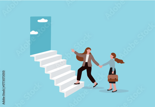 Employee encouragement, manager advice, guidance, stairway to success or new opportunity, career development concept, supportive businesswoman manager encourage employee to step on stair to success.
