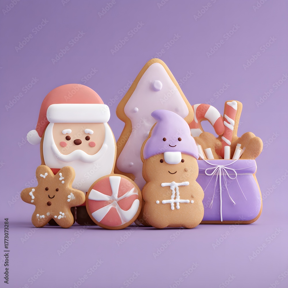 Obraz premium Christmas cookies set featuring Santa, gingerbread men, candy canes, and Christmas trees on a soft lavender background
