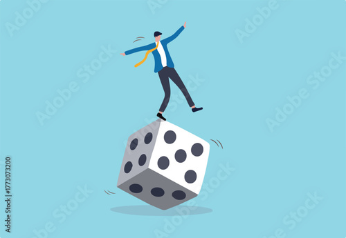 Investment risk, stock trader, gambling, uncertainty, possibility of losing money or make a profit from investment concept, greedy investor man dare trying to balance himself on spinning unstable dice