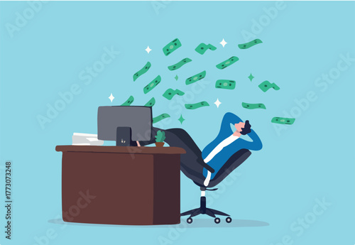 Make money online, earn passive income from internet job or side hustle, make profit or earning from investment or stock trading, easy money concept, rich businessman relax making money from computer.