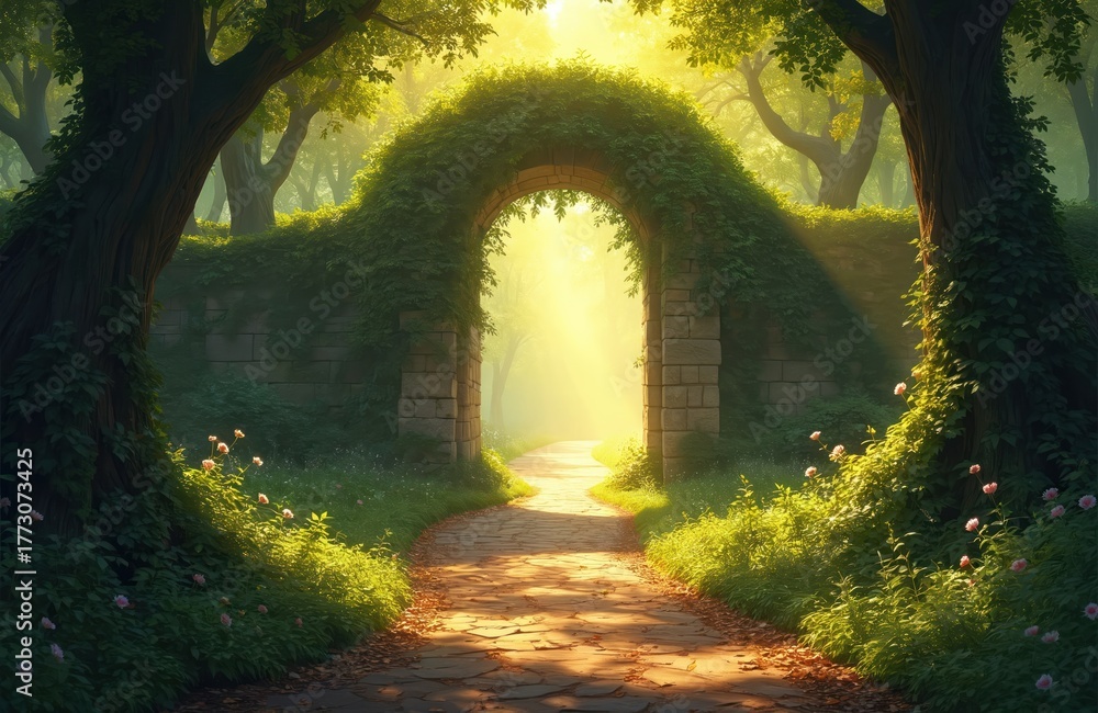 Obraz premium Stone archway covered in green ivy leads down a sunlit forest path. Lush vegetation and trees create a mystical, secluded garden scene. Golden light streams through the mist, illuminating the way.