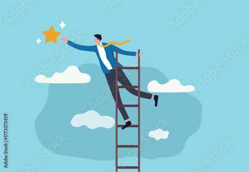 Business opportunity, ladder of success or aspiration to achieve business goal concept, ambitious businessman climbing ladder to the the top and reaching for the shining star.