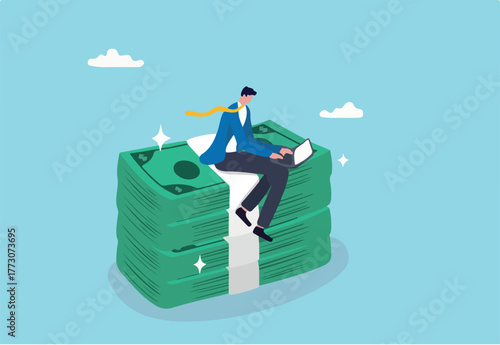 High paying jobs or high salary career, excellent income and wages, make money online with computer and internet concept, happy businessman working with computer laptop on stack of money bundle. 