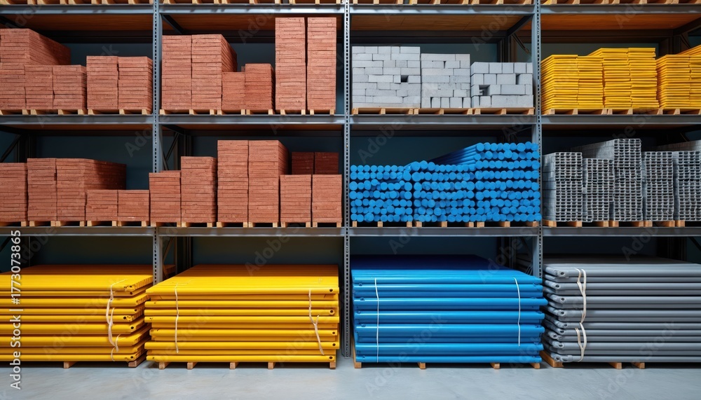 Fototapeta premium Construction materials sit organized on metal shelves. Bricks boards pipes sorted on pallets. Supplies at warehouse for home repair building. Colors shapes texture give overview of industrial stock.