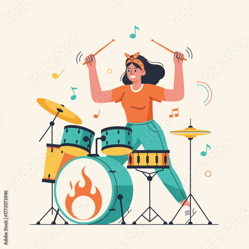 Young woman playing drums energetically with colorful background  