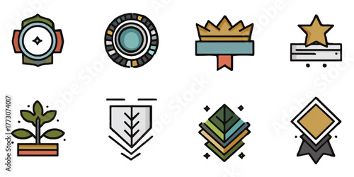 Collection of eight modern flat design icons representing achievement awards and recognition symbols