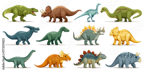  colorful toy dinosaurs arranged in three rows against a white background