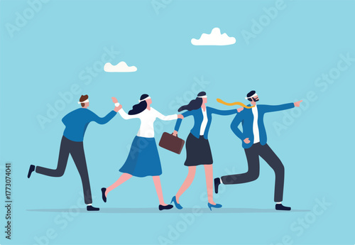 Blindly following, confusion or unknown situation, bad leadership, failure or mistake, struggle, trouble or hopeless direction concept, businesspeople blindfold follow leader in crisis or despair.
