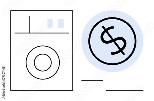 Minimalistic washing machine with large dollar sign emphasizes energy efficiency, savings, or appliance prices. Ideal for finance, energy usage, home appliances, budgeting, household expenses