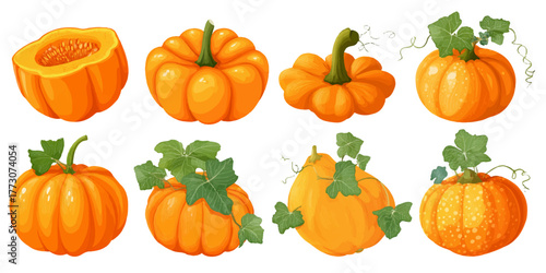  vibrant orange pumpkins with green stems and leaves on a white background