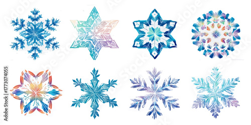 Collection of eight unique watercolor snowflakes with intricate designs and cool blue and purple tones