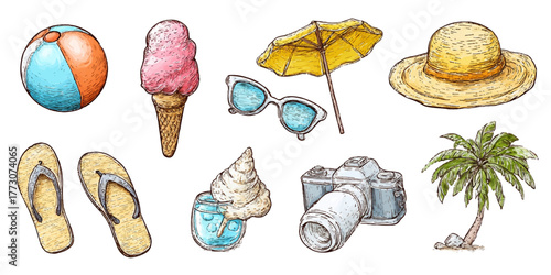 Collection of summer beach vacation items including ice cream sunglasses and palm tree