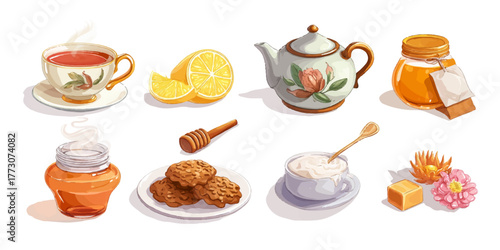 Collection of delicious tea time treats including tea cup lemon slices teapot honey and cookies