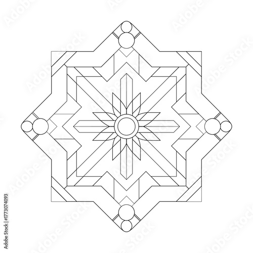 Geometric mandala design featuring symmetrical shapes and intricate lines, creating a balanced and harmonious pattern suitable for coloring books