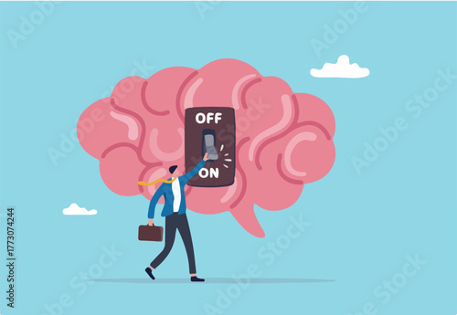 Turn on brain to think, creativity, thought or concentration, smart thinking or emotional intelligence, mindset, wisdom and knowledge concept, smart businessman genius turn on switch on his own brain.