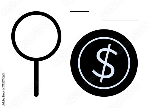 Magnifying glass beside a dollar coin conveys concepts of financial investigation, cost analysis, or monetary focus. Ideal for finance, economics, investment, research, budgeting, saving business