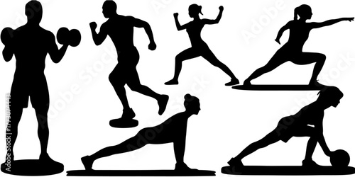 Diverse silhouettes of people engaging in various fitness activities and exercises