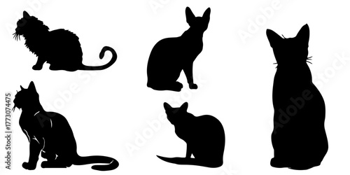 Collection of  black cat silhouettes in various poses on a white background