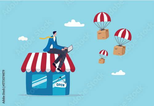 Dropshipping business model by open e-commerce website store and let supplier ship product directly to customer concept, businessman using computer with delivery drop ship package flying parachute.