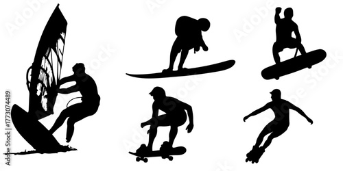 Dynamic silhouettes of athletes engaging in extreme water and snow sports