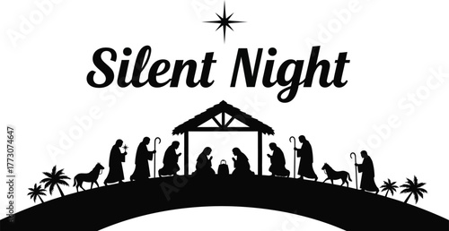 Silent night christmas scene with nativity silhouette holy family is depicted in a manger with animals