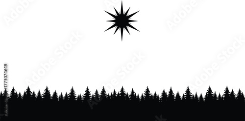 A dark star shines over a forest, its light piercing through trees, a simple yet striking silhouette