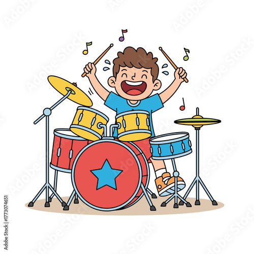 Happy young boy playing drums and enjoying music with notes  
