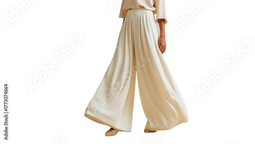 PNG of Elegant woman in light cream palazzo pants, epitomizing modern fashion and comfort.