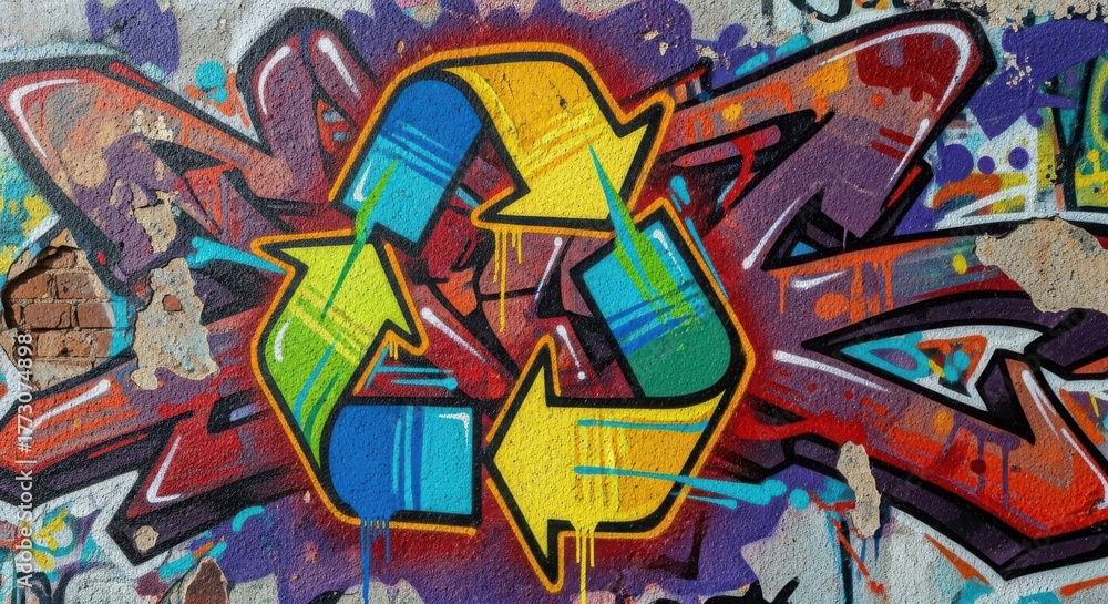 Obraz premium Graffiti Recycling Symbol on Textured Wall for Environmental Awareness Campaigns, Eco-Friendly Education, Sustainable Lifestyle Blogs, and Urban Art Websites