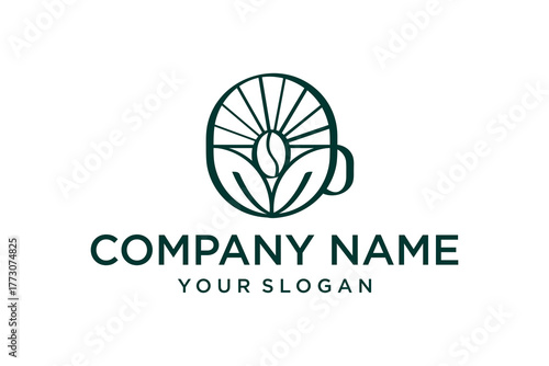 Modern Coffee Shop Logo Design with Coffee Bean, Green Leaves, Sunrise Motif, and Cup Outline