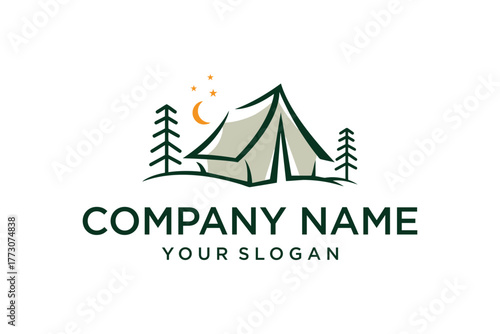 Minimalist Camping Tent and Pine Trees Logo Design with Moon and Stars for Outdoor Adventure Company