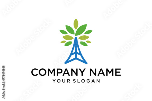 Green Energy Pylon Tower Logo with Leaves for Sustainable Technology and Environmental Communication Design