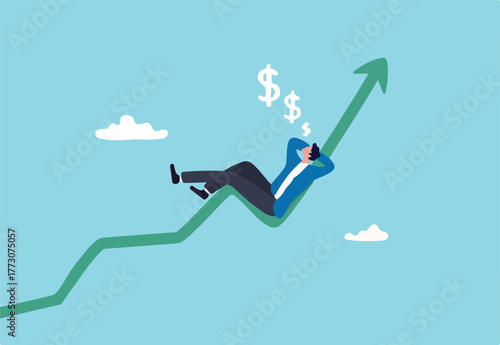 Success investment earn more profit or easy growing return mutual fund, make money from cryptocurrency trading or dream about being rich concept, businessman investor relax and sleep on growing graph.