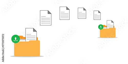 Data transfer concept, cloud technology, document storage, backup and restore, upload and download process, flat vector illustration template.