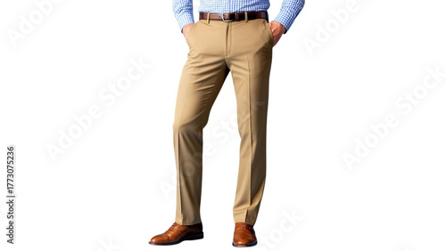 PNG of Smartly dressed man in light khaki pants and a blue checkered shirt, exuding professionalism and style.
