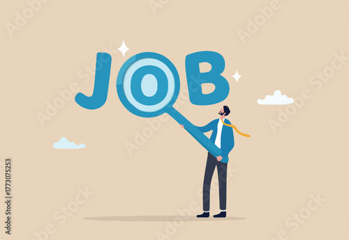 Job search, employee finding new job, career opportunity, employment or recruitment, applicant or candidate search online website concept, businessman magnifying glass searching for new job.
