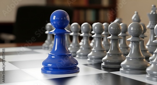 Blue chess pawn leading gray pawns on a chessboard, representing leadership and individuality
