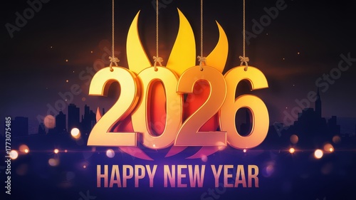 Golden 2026 numbers hanging above a cityscape silhouette with bokeh lights and 'Happy New Year' text, celebrating the upcoming year.